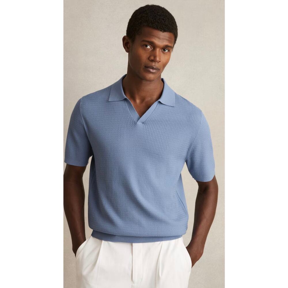 REISS Cornflower Blue Open-collar Knit Polo Shirt 100% Wool Men's Small